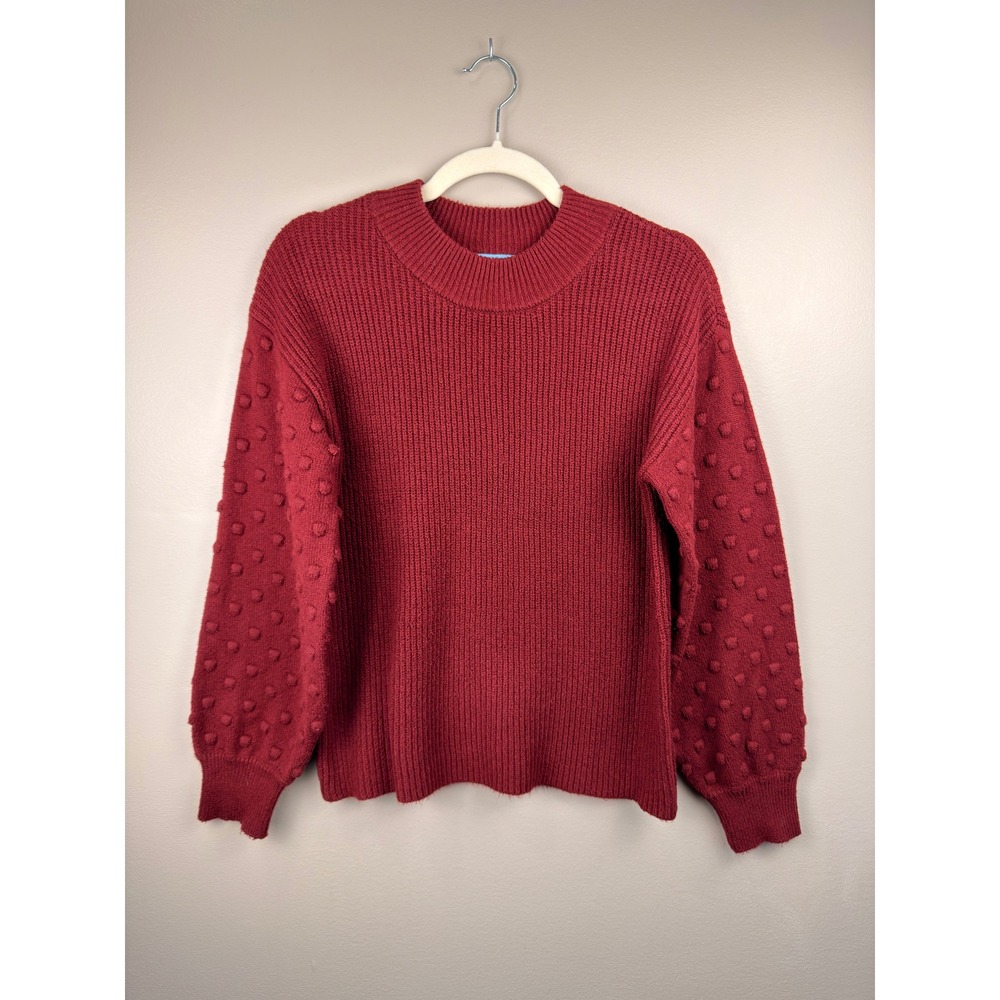 CeCe Womens Burgundy Red Bobble Sleeve Ribbed Knit Crewneck Sweater Size Medium